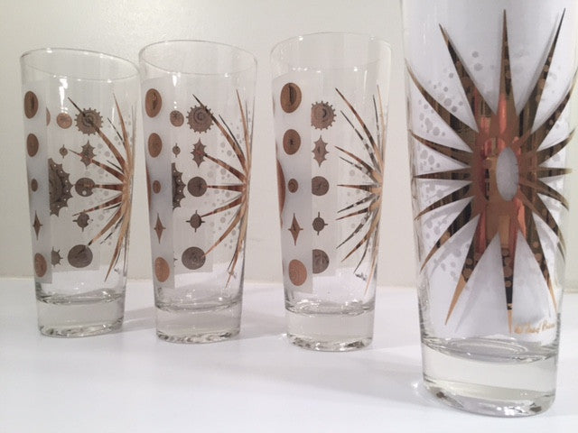 Fred Press - Signed Mid-Century Frosted White & 22-Karat Gold Atomic Starburst Collins Glasses (Set of 4)