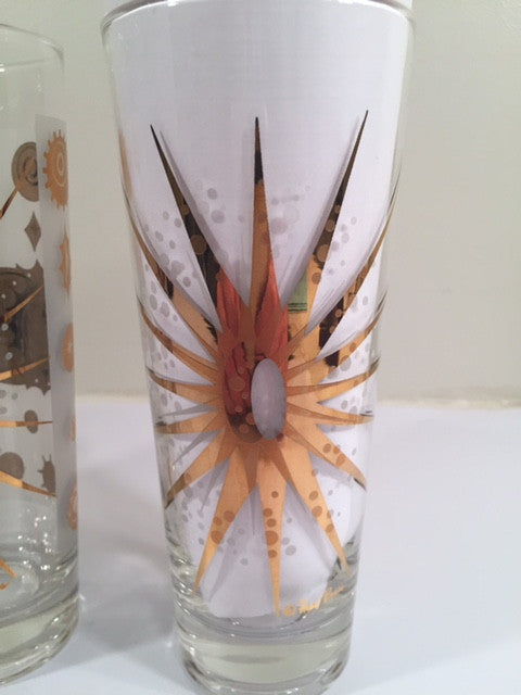 Fred Press - Signed Mid-Century Frosted White & 22-Karat Gold Atomic Starburst Collins Glasses (Set of 4)