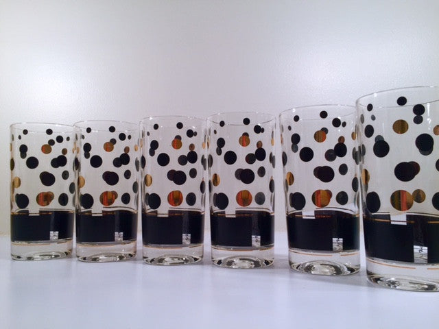 Fred Press Signed Mid-Century Black and 22-Karat Gold Bubble Glasses (Set of 6)