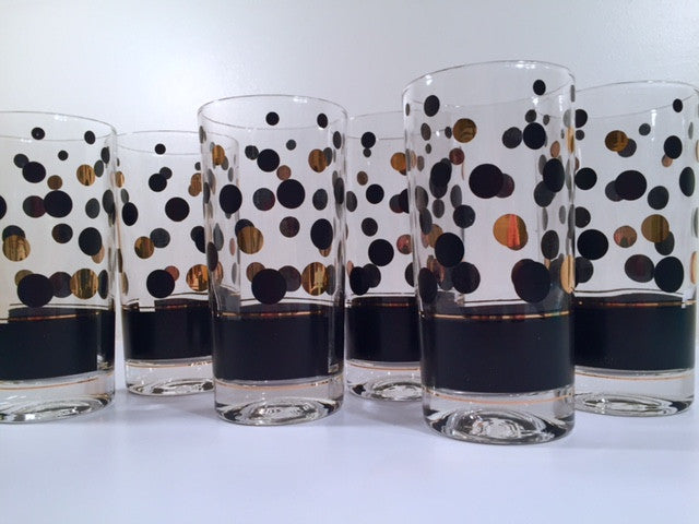 Fred Press Signed Mid-Century Black and 22-Karat Gold Bubble Glasses (Set of 6)