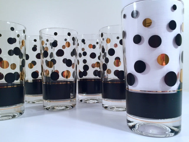 Fred Press Signed Mid-Century Black and 22-Karat Gold Bubble Glasses (Set of 6)