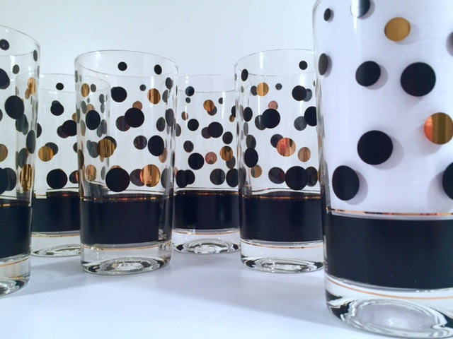 Fred Press Signed Mid-Century Black and 22-Karat Gold Bubble Glasses (Set of 6)