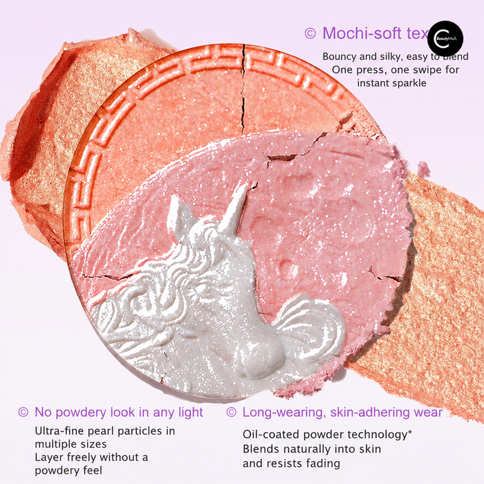 Pink and silver makeup compact with glittery swatches and embossed detail