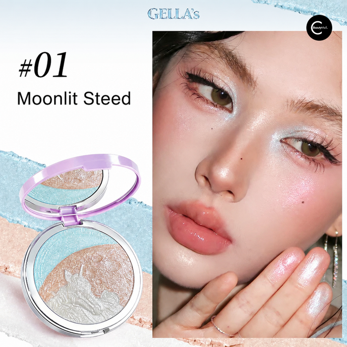 GELLAS #01 shimmer highlighter compact with model makeup result