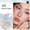 GELLAS #01 shimmer highlighter compact with model makeup result