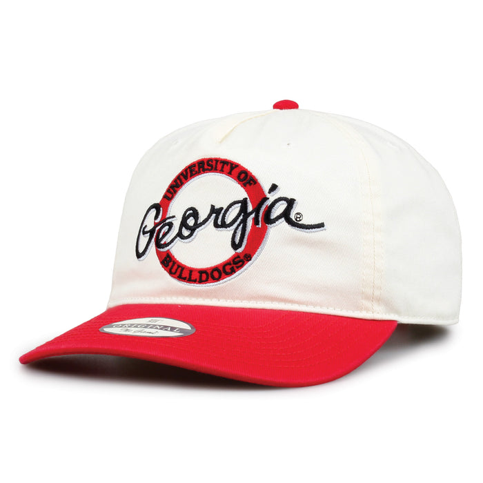 Georgia Original Circle snapback hat showing embroidered front design and curved brim, angled view