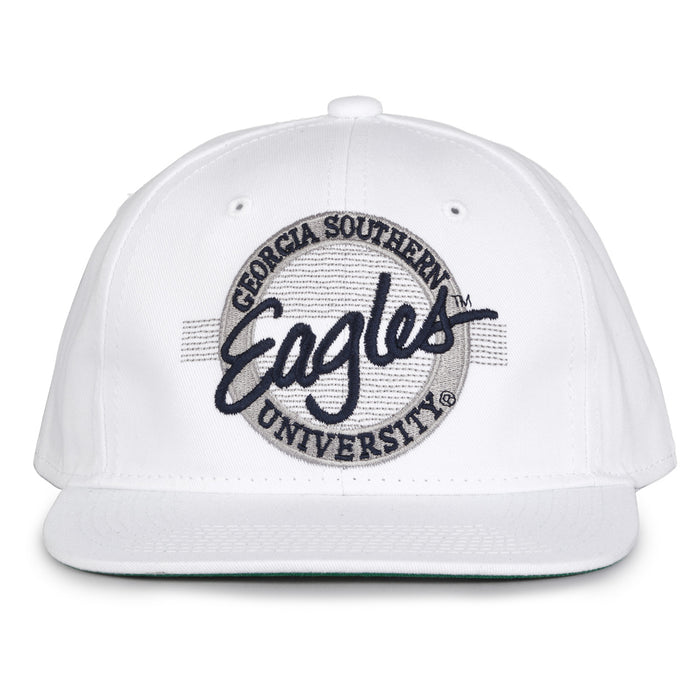 Georgia Southern Retro Circle snapback hat in white, front view