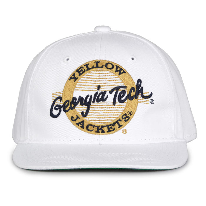 Georgia Tech Retro Circle snapback hat in white, front view