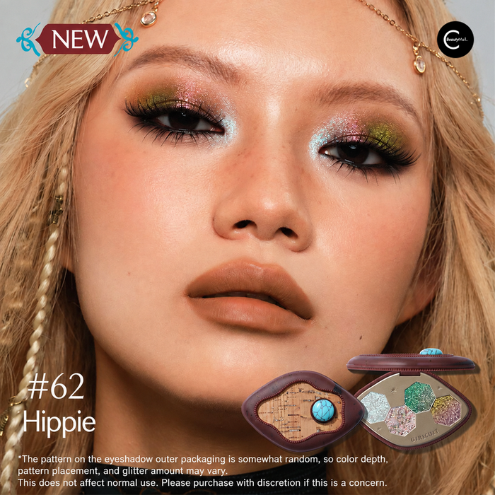 GIRLCULT eyeshadow palette in shade #62 with a model wearing glittery green eye makeup