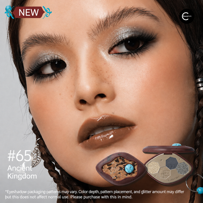 GIRLCULT #65 古国 eyeshadow palette, open compact with model wearing eye makeup