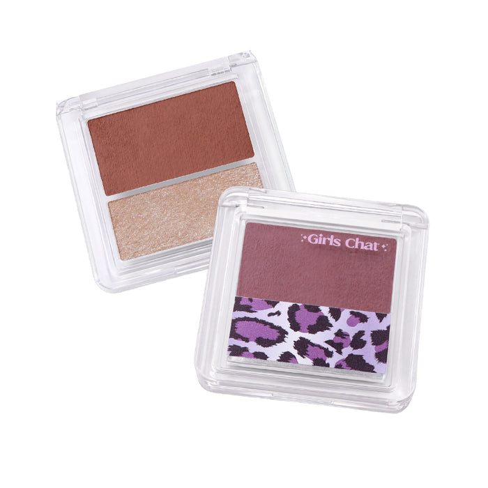 GIRLS CHAT blush and highlighter duo palettes shown in clear compacts, including leopard-patterned packaging