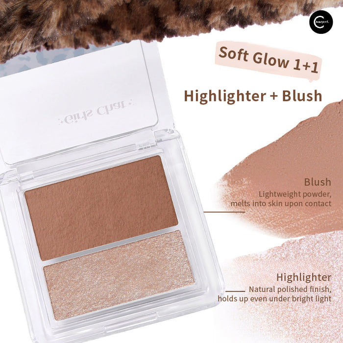 GIRLS CHAT blush and highlighter duo palette open with warm brown blush and shimmery champagne highlighter pans