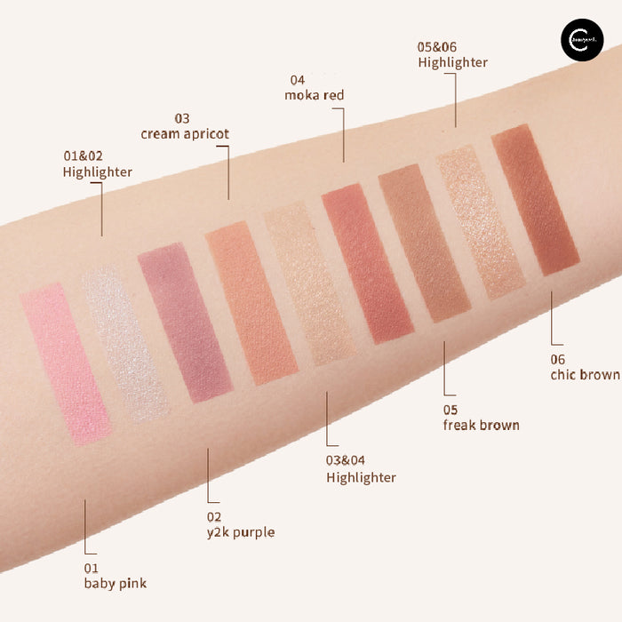 GIRLS CHAT Neon Leopard Series blush and highlighter swatches on skin, shades #01 through #06 shown