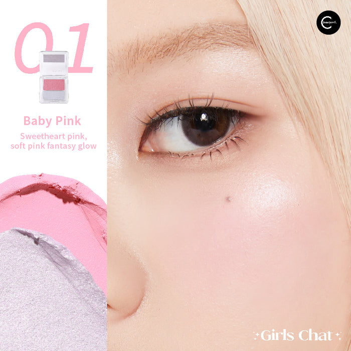 GIRLS CHAT Baby Pink blush and highlighter duo palette shown with pink and silver shades on cheek