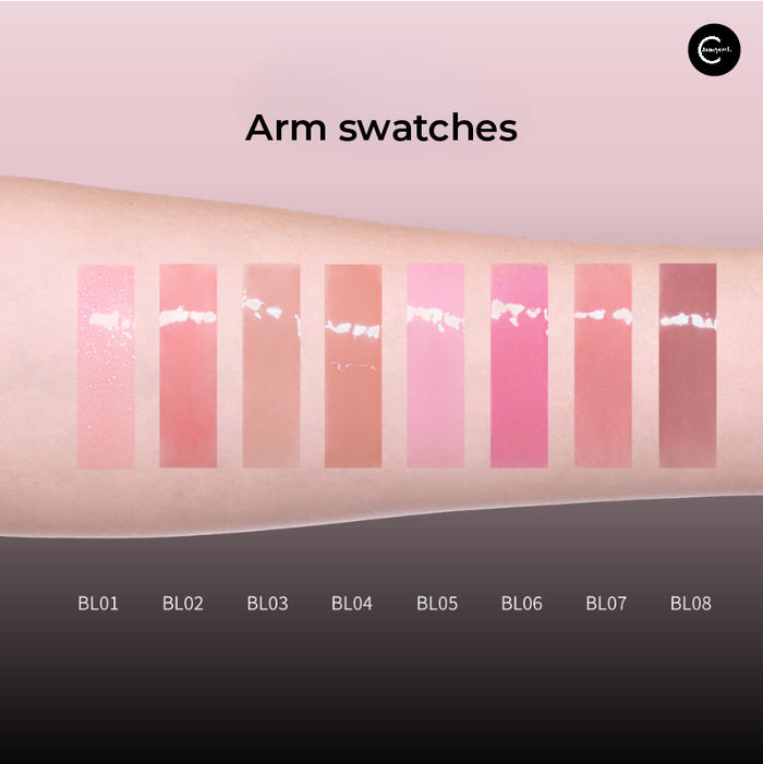 GIRLS CHAT lip gloss arm swatches in shades BL01 through BL08