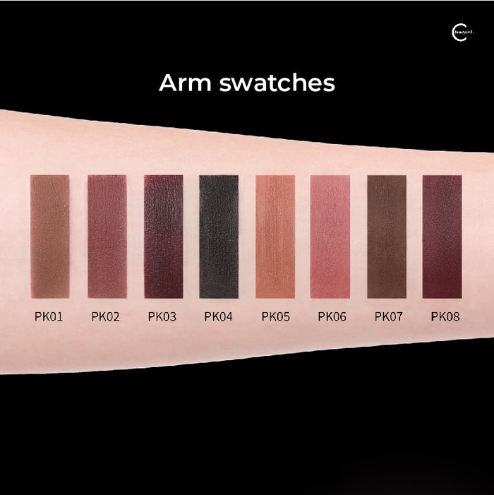 GIRLS CHAT Romance Rebel Glow Lip Gloss arm swatches in shades PK01 through PK08