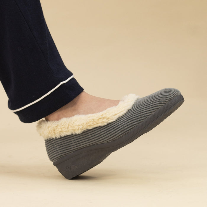 Glynis Grey Fur Trim Wedge Slipper
