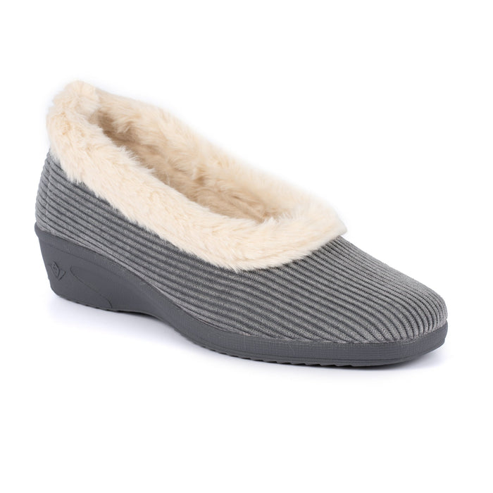 Glynis Grey Fur Trim Wedge Slipper