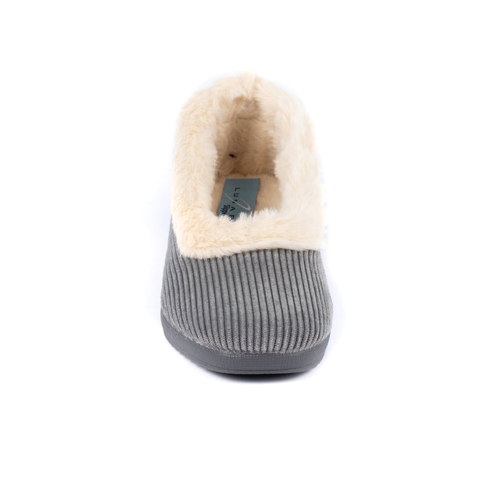 Glynis Grey Fur Trim Wedge Slipper