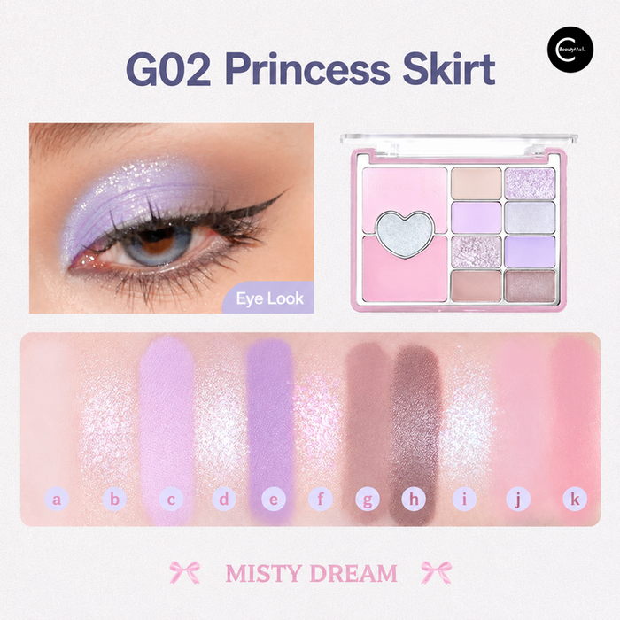 MISTY DREAM G02 eyeshadow palette with eye look and 11 color swatches
