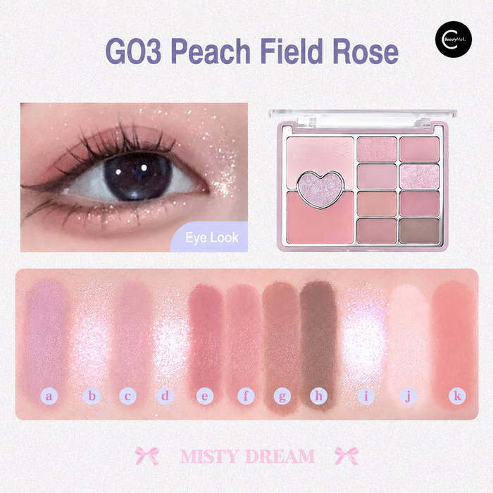 MISPY DREAM G03# Wild Rose eyeshadow palette with pink-toned shades and eye look swatches