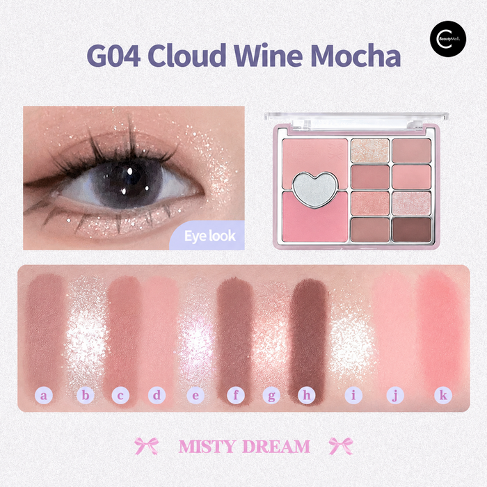 MISTY DREAM G04 pink and mauve eyeshadow palette with eye look and color swatches