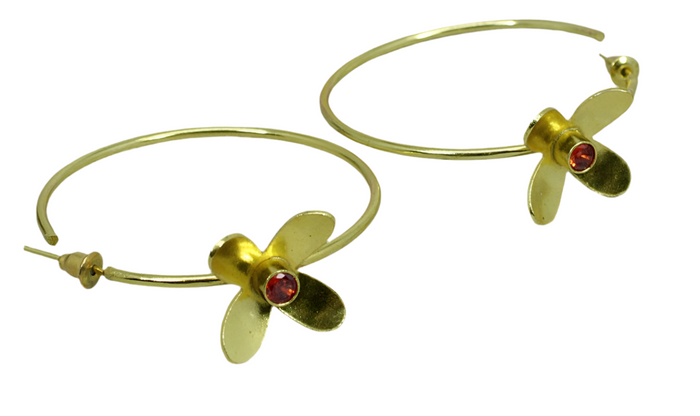 Gold Hoop Mandarin Garnet Flower Earrings