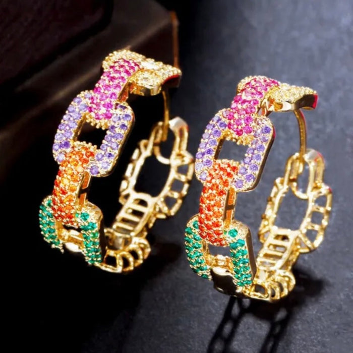 Gold Hoop Pave Crystal Cuban Chain Earrings