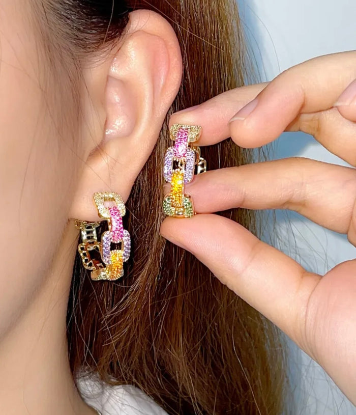 Gold Hoop Pave Crystal Cuban Chain Earrings