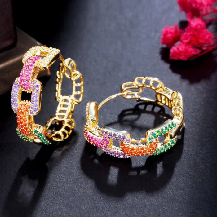 Gold Hoop Pave Crystal Cuban Chain Earrings