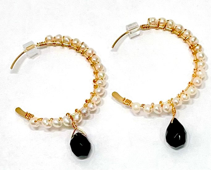 Gold Wire-Wrapped Freshwater Pearl & Black Onyx Hoop Earrings