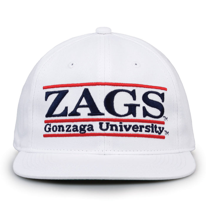 Gonzaga Retro Bar snapback hat in white, front view