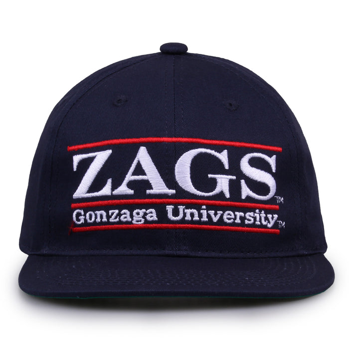 Gonzaga Retro Bar snapback hat in navy, front view