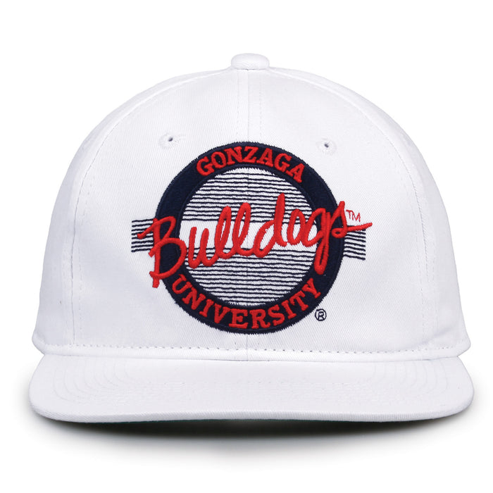 Gonzaga Retro Circle snapback hat in white, front view