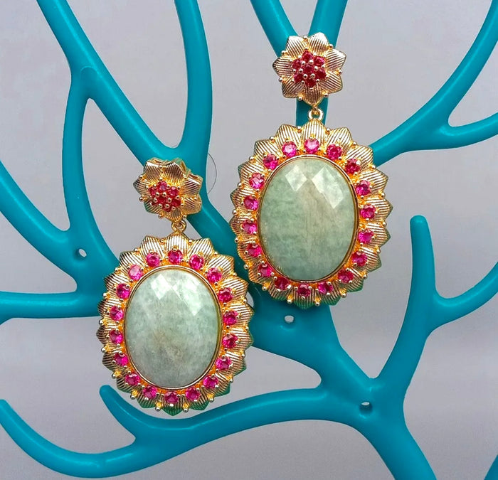 Green Amazonite Gemstone and Pink Bezel Statement Earrings 2"