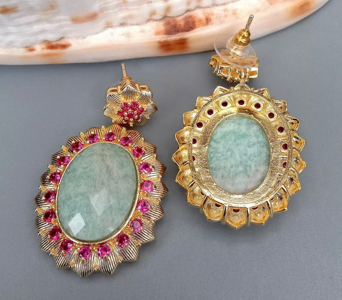Green Amazonite Gemstone and Pink Bezel Statement Earrings 2"