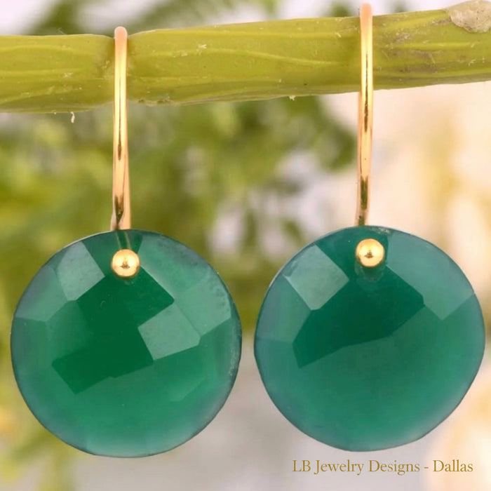 Green Onyx Gold-Filled Briolette Dangle Earrings – 15mm Gemstone Drops - 1.5”