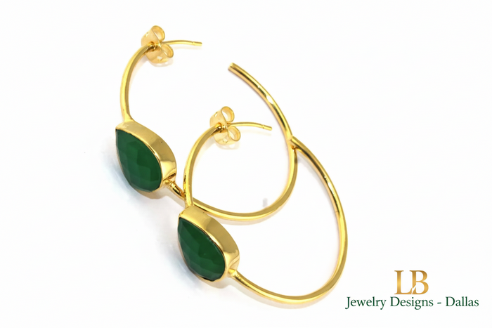Green Onyx Gold Hoop Earrings - Pear Cut Gemstone Statement Hoops