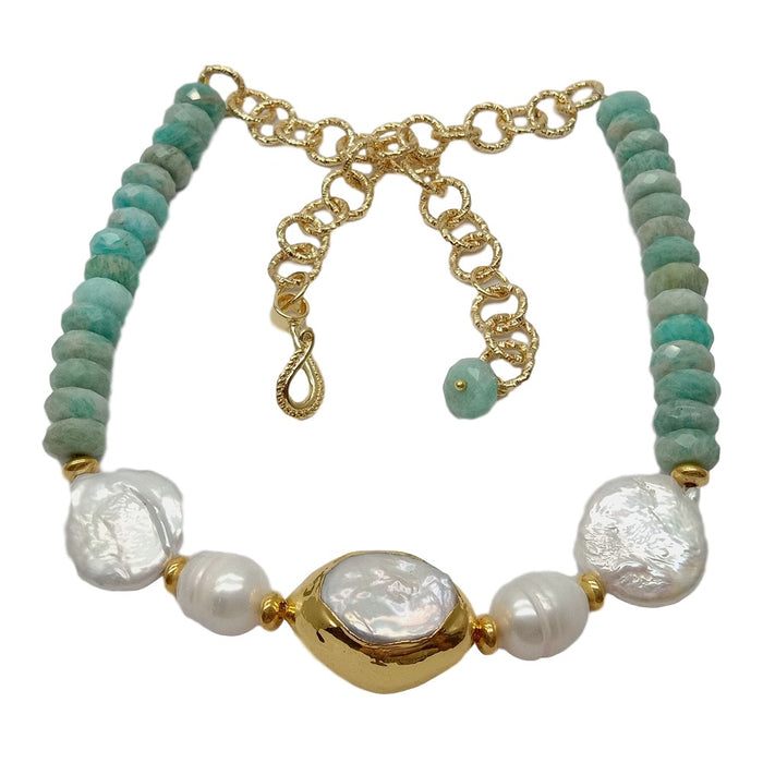 Green Peruvian Amazonite & Keshi Pearl Statement Necklace 20"