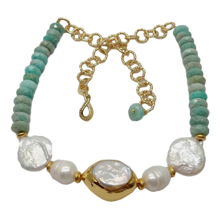 Green Peruvian Amazonite & Keshi Pearl Statement Necklace 20"