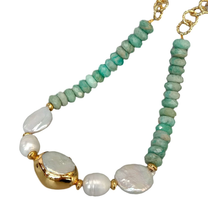 Green Peruvian Amazonite & Keshi Pearl Statement Necklace 20"