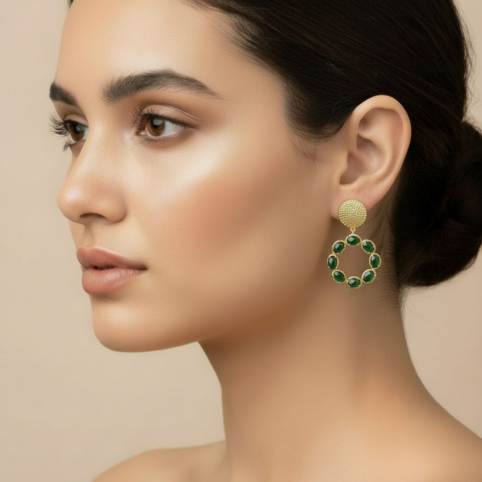 Green Quartz Gold Statement Earrings 2"