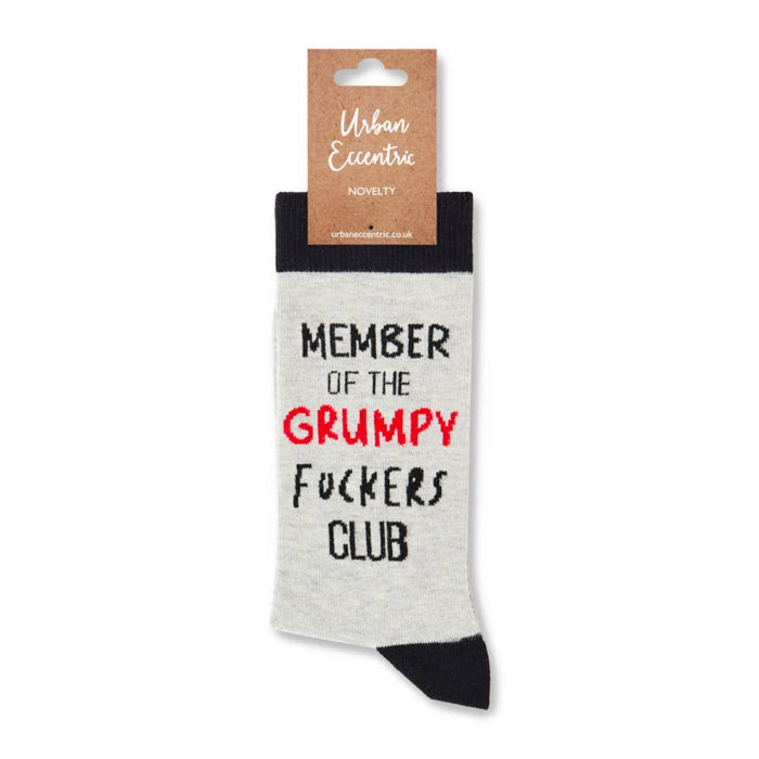 Grey novelty grumpy club socks shown with retail tag attached