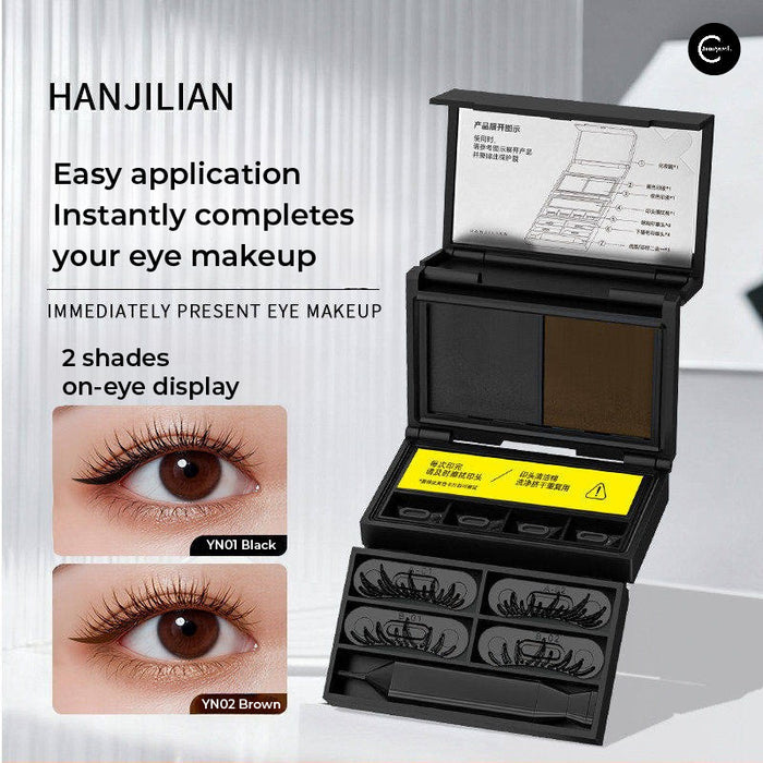 HANJILIAN 3-in-1 Little Black Box eyeliner stamp set shown open with stamp applicators and eye makeup examples
