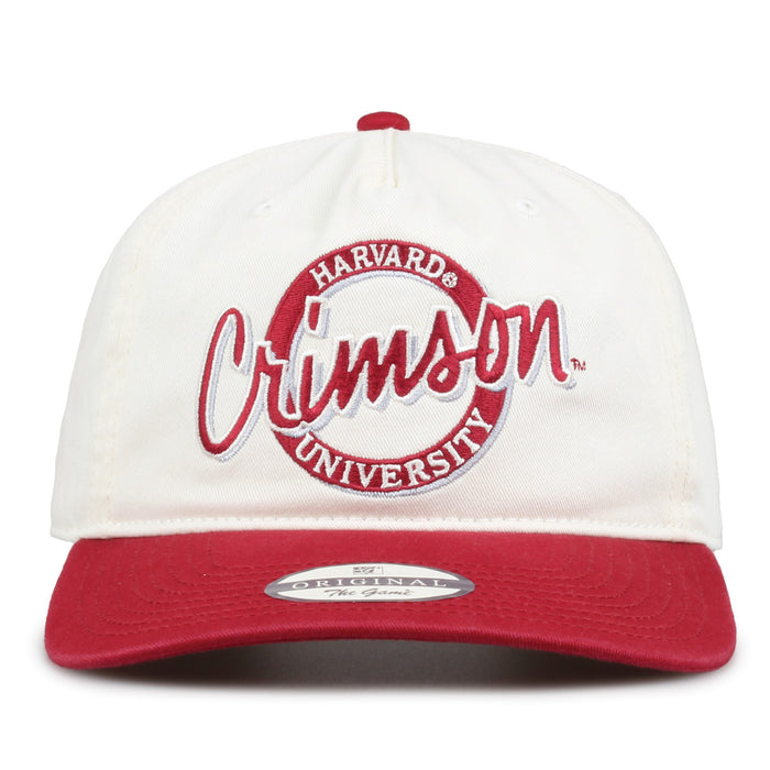 Harvard Original Circle snapback hat with embroidered school design, front view