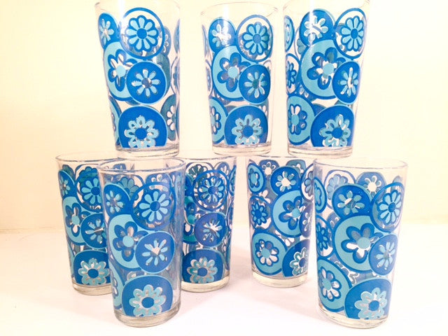 Hazel Atlas Mid-Century Hazelware Blue Flower Power Glasses (Set of 8)