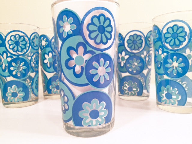 Hazel Atlas Mid-Century Hazelware Blue Flower Power Glasses (Set of 8)