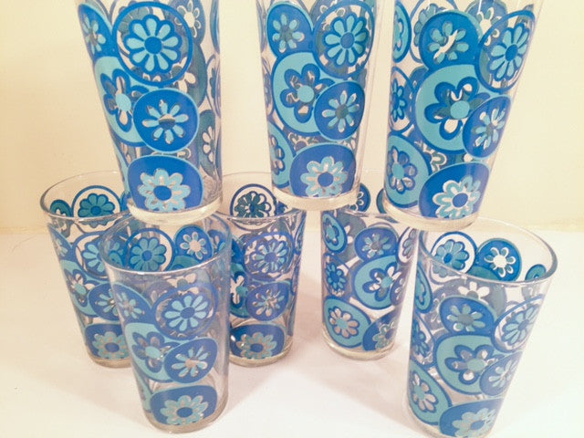 Hazel Atlas Mid-Century Hazelware Blue Flower Power Glasses (Set of 8)