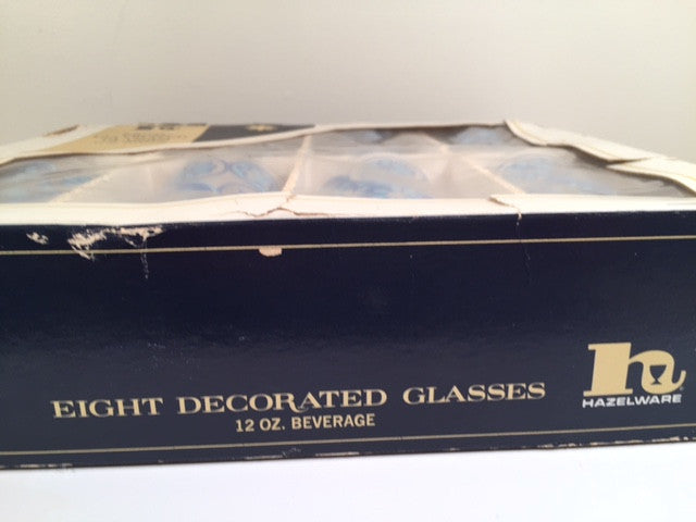 Hazel Atlas Mid-Century Hazelware Blue Flower Power Glasses (Set of 8)