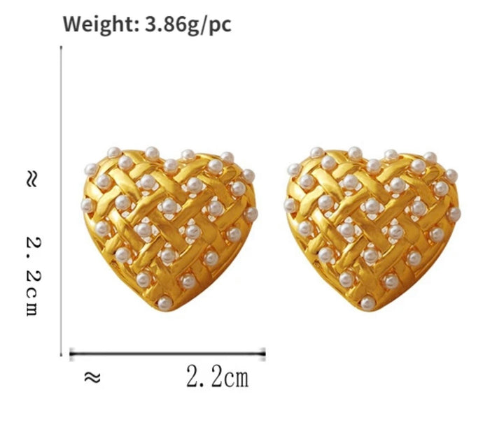 Heart-Shaped Pearl and Gold Stud Earrings